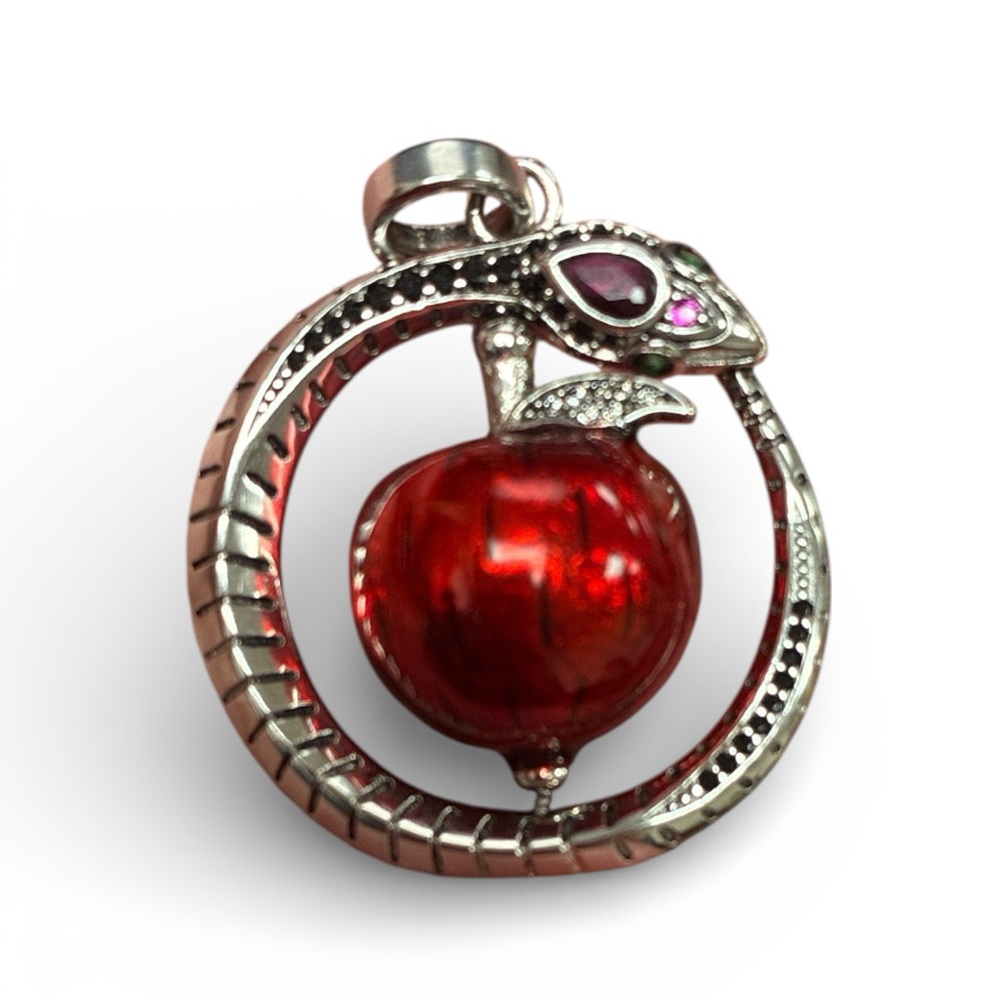 Sterling Silver Snake Suspended Red Apple Necklace Pendant